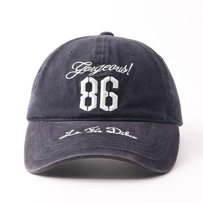Embroidery washed denim blue baseball cap women's wide brim shows small face big head circumference hard top cap