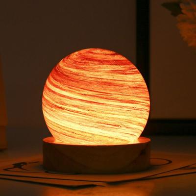 USB Plug In 3D Planet Glass Lamp Luminous Glass Sphere With Wooden Stand 80MM LED Night Light Dimmable Desktop Ornament