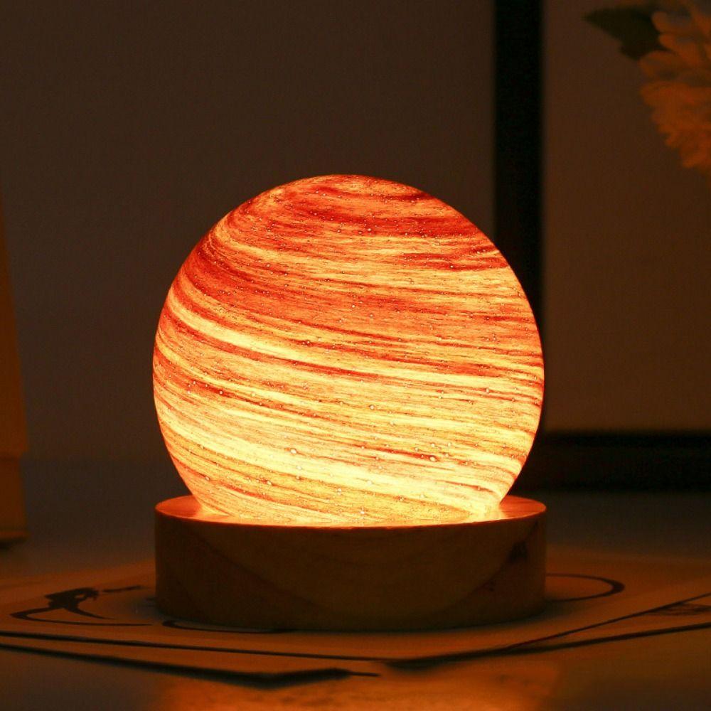 USB Plug in 3D Planet Glass Lamp With Wooden Stand 3 Color Light 80MM LED Night Light Desktop Ornament Dimmable