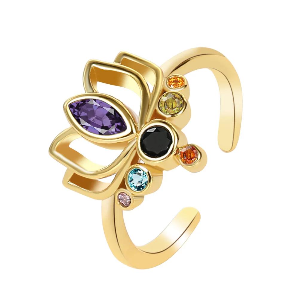 

YILUOCD Кольца для йоги в стиле бохо с разноцветными лотосами и 7 чакрами для женщин, исцеляющие радужные кристаллы, ювелирные изделия-амулеты в подарок