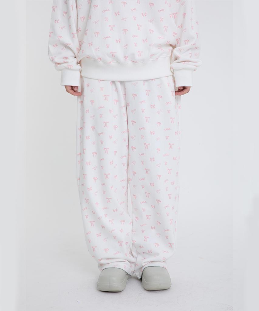 ESCAPEFROM Pink Ribbon Full Print Sweatpants Ivory