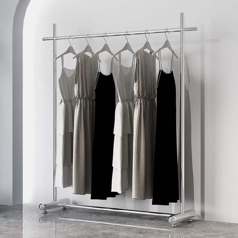 Adjustable Clothing Display Rack with Wheels – Stainless Steel, for Women's and Children's Apparel.