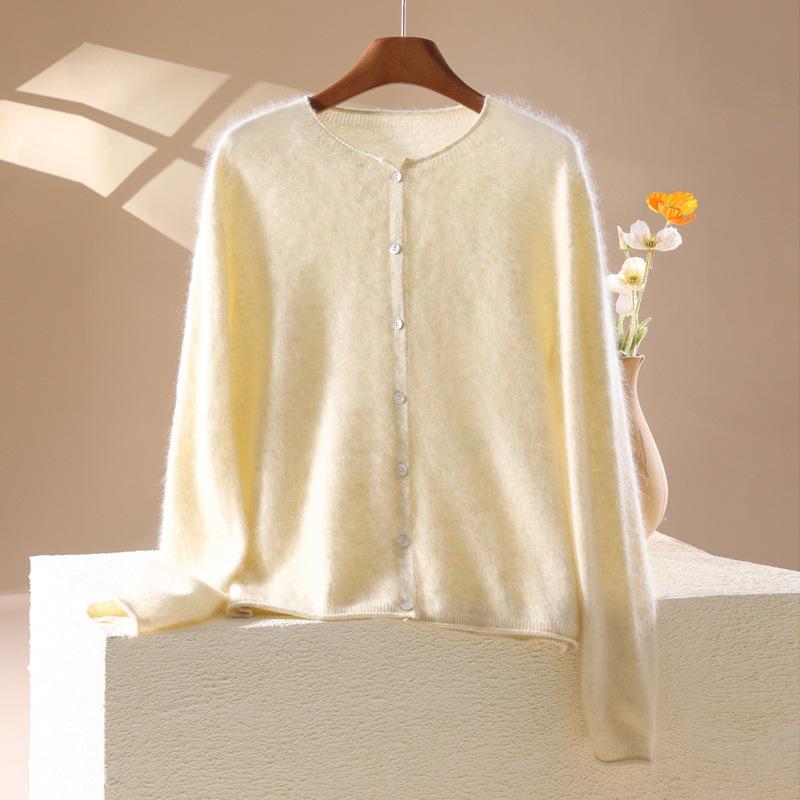 2026 Autumn/Winter Women's Cashmere Wool Round Neck Cardigan - Long Sleeve, Solid Color, Rolled Edge, Brushed Wool Sweater