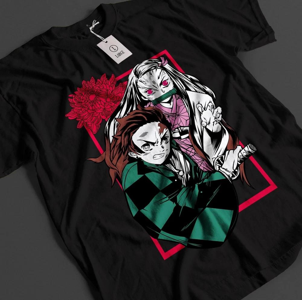 Anime Demon Slayer Tanjiro Nezuko Hibiscus Graphic Black TShirt Size S4XL S