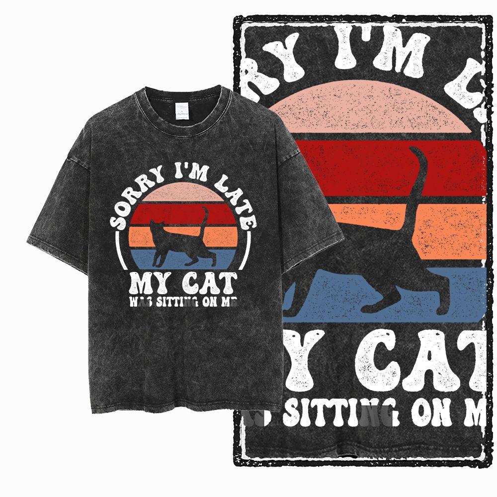 G Acid Washed Black Cool oneck Cotton Unisexs Cat Printed Graphic Tshirt Streetwear Big Size Unisexs Tee Tshirt S