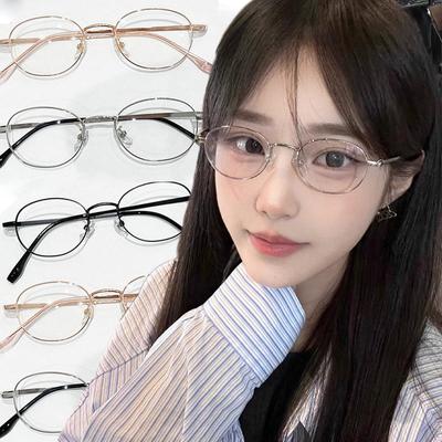 Harajuku Metal Round Oval Frame Glasses Y2K Women's Retro Small Glasses Japanese Glass Eyewear Decorative Anti-blue Eyeglasses