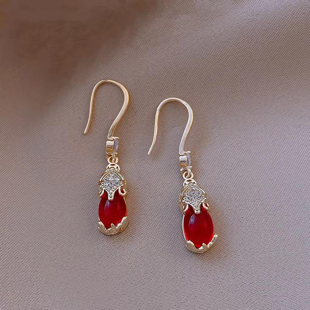 Elegant Women's Pixiu Earrings - French Style, Korean Design, Red Gem, Internet Celebrity Favorite.