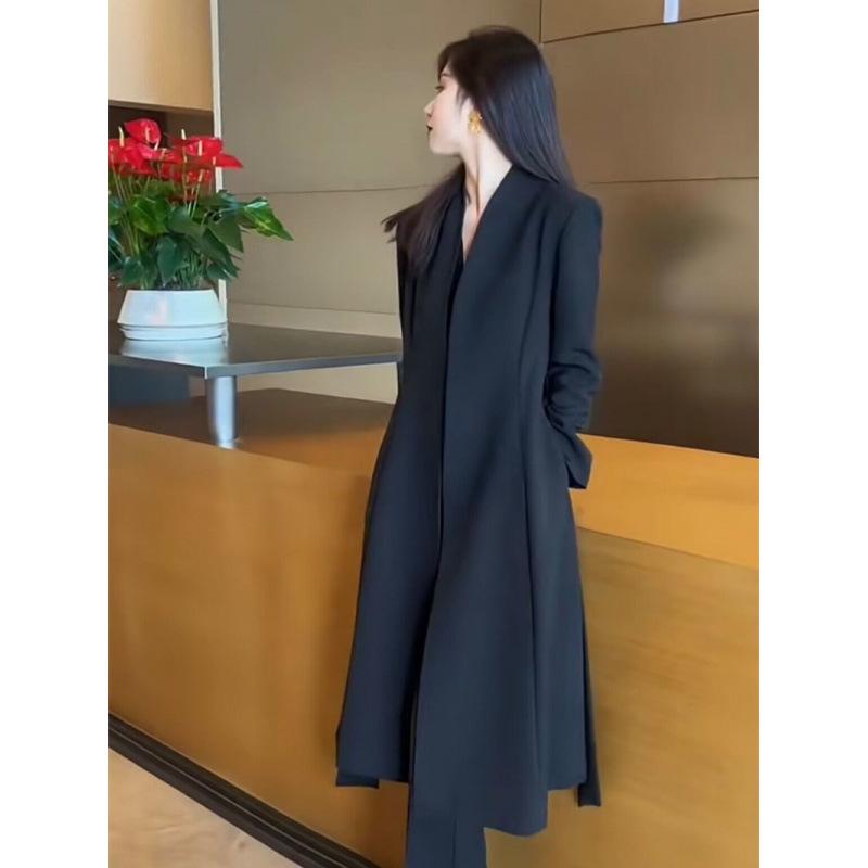 

Douyin Plus Size Women s Over-the-Knee Trench Coat - Waist-Cinched Slimming Design for Chubby Sisters (Fits Up to 200 Jin) 5XL чёрный