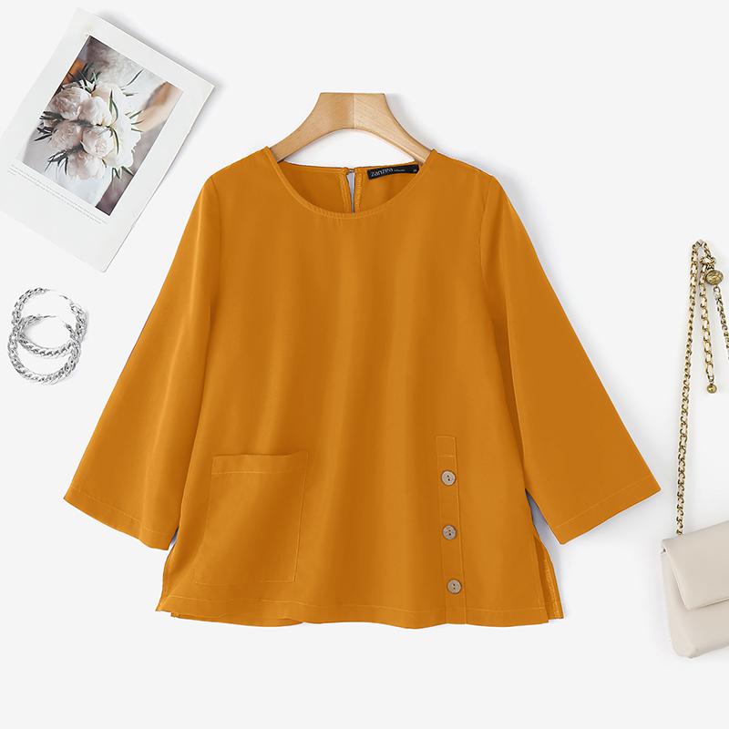 

ZANZEA Женская повседневная однотонная блузка с круглым вырезом и рукавом 3/4 S