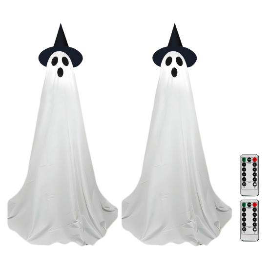 Large Lighted Ghost Halloween Decoration Outdoor Standing Light-up White Ghost with Witch Hat for Home Yard Garden Lawn Porch Decor
