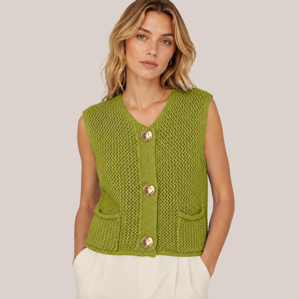 Damen V-Ausschnitt Ärmellose Strickweste mit Taschen Drei-Knopf Cardigan