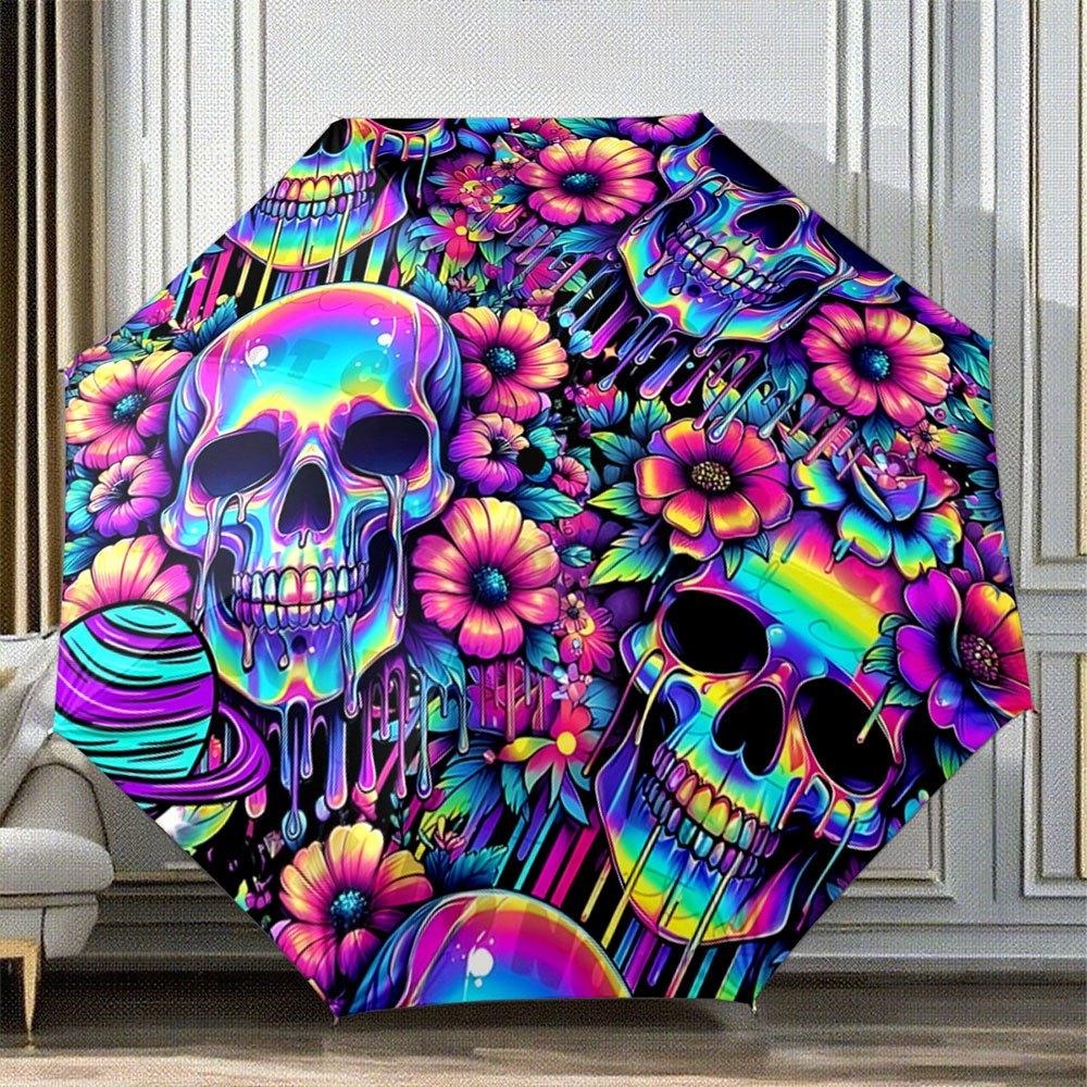 

Automatic Folding Umbrella Colorful skulls and flowers. Portable collapsible design, casual outdoor accessory, Christmas birth (as the picture,iron&8K)