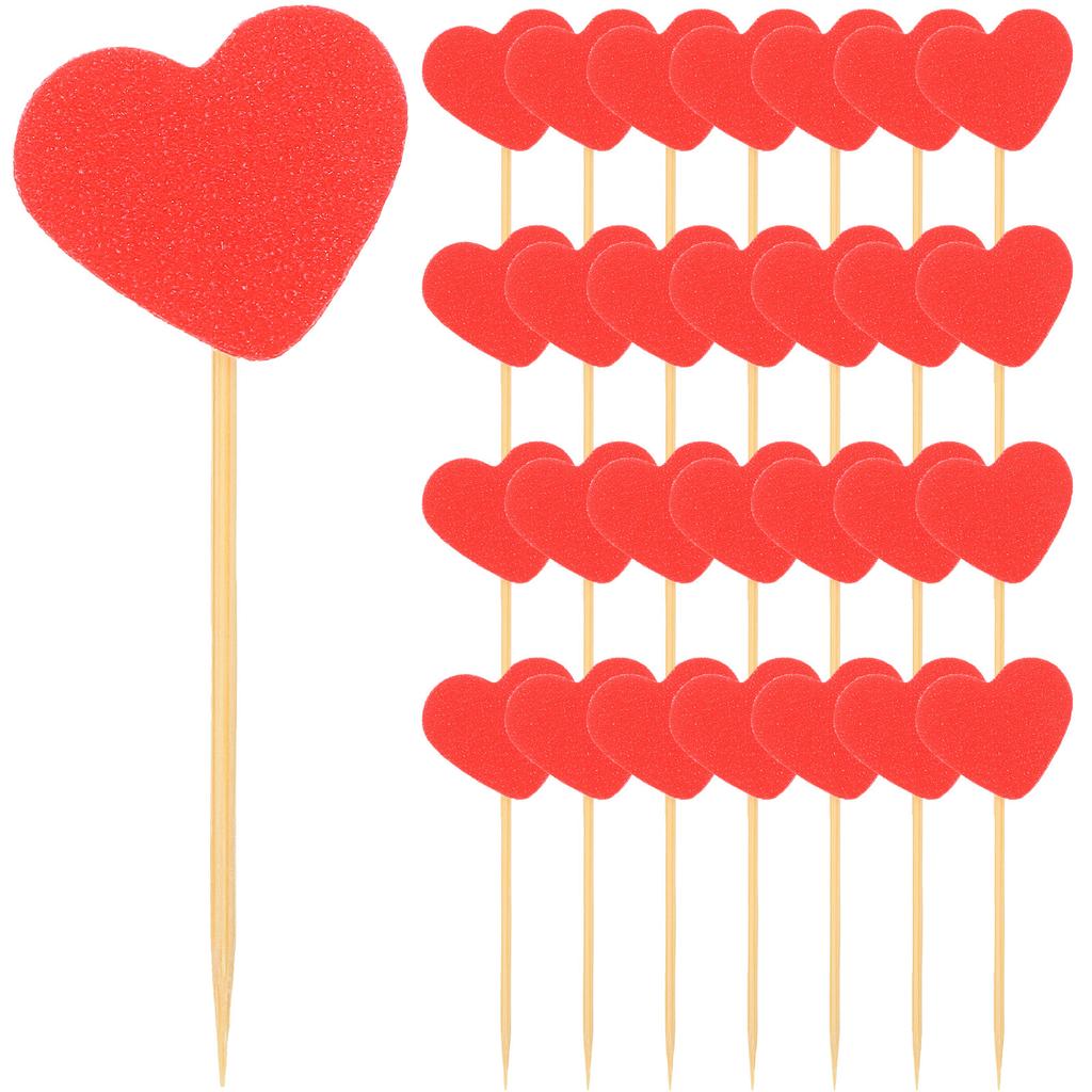 50Pcs Stylish Heart Design Cake Decorations Valentine's Day Cupcake Toppers Wooden Glitter Heart Dessert Picks Festive Party