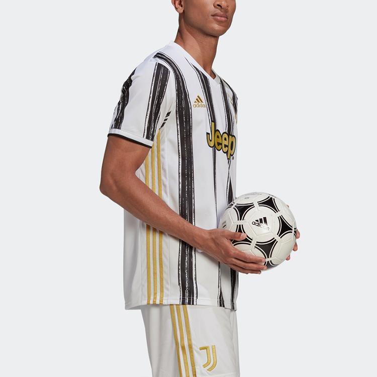 Adidas Juventus 20-21 Home Match Jersey, Men White Black Striped V-Neck Short Sleeve Soccer Football Tops EI9894