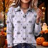 Women's Casual Long Sleeve Knit Top with Halloween Print and Turn-Down Collar