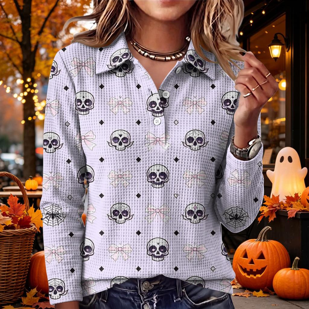 Women's Casual Long Sleeve Knit Top with Halloween Print and Turn-Down Collar