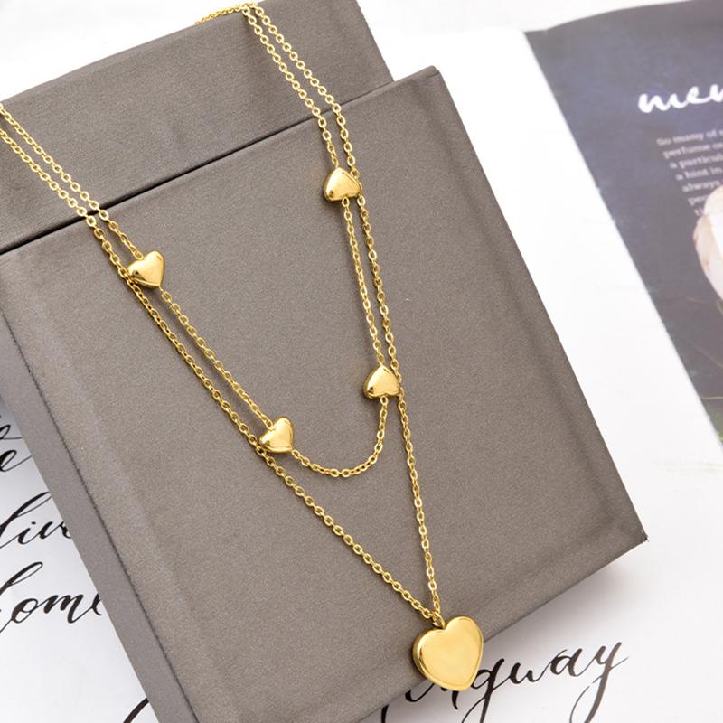 MEY Stainless Steel Gold Color New Heart Pandents Necklaces For Women Double Layer Choker Fashion Gift Jewelry