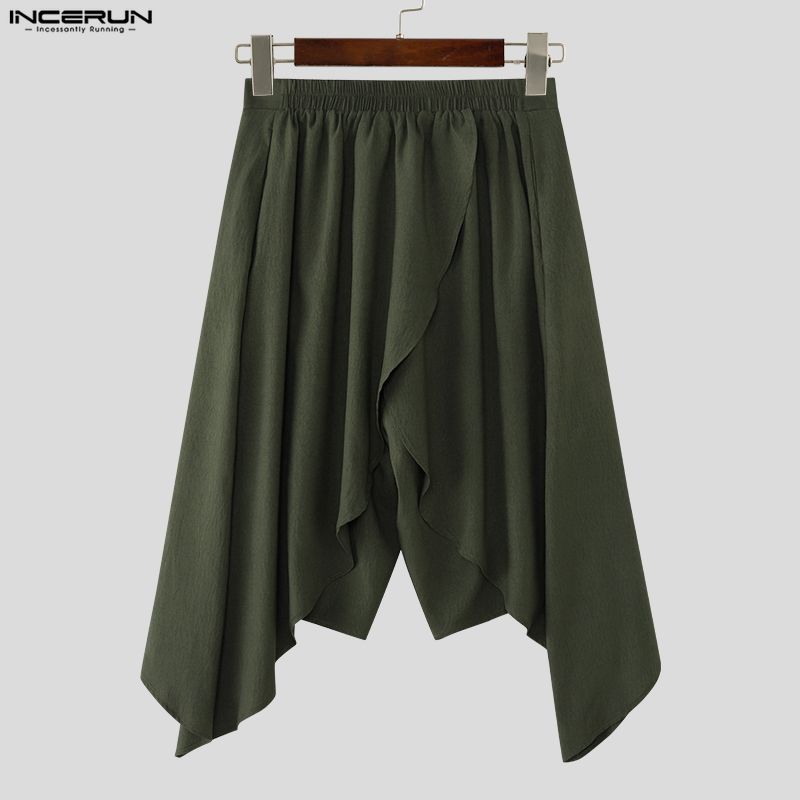 INCERUN Men Elastic Waist Irregular Layers Casual Loose Half Cuffed Pants