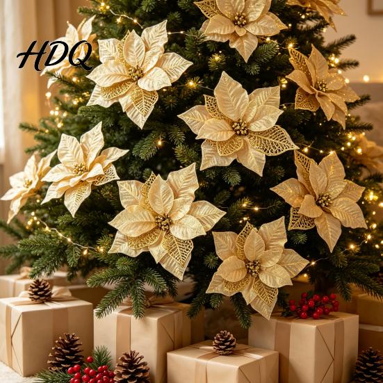 Multi Layered Fabric Flower Decorations Red Gold Poinsettia Artificial Flower Large Glitter Christmas with Clip Xmas Festive Party Floral Decor Tree