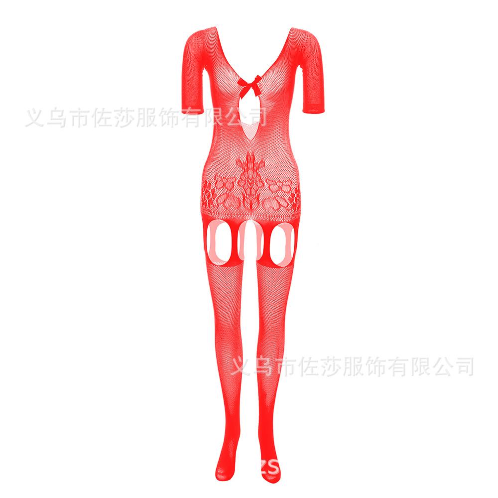 Sex Underwear Women's Transparent Jacquard Sexy One-Piece Mesh Suspender Pantyhose Hollow Long Sleeve Bow