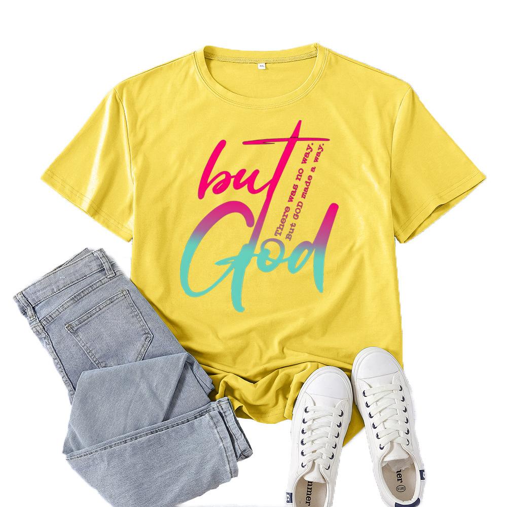 Polyester 100% New Best-selling But God Letter-printed Short-sleeved Women's Casual Spring and Summer Casual Round Neck Summer