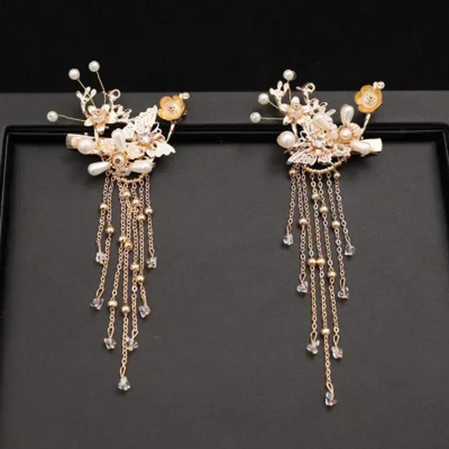 Chinese Wedding Xiu He Headdress Ancient Hanfu Golden Tassel Hair Ornaments Traditional Ethnic Bridal Hair Accessories