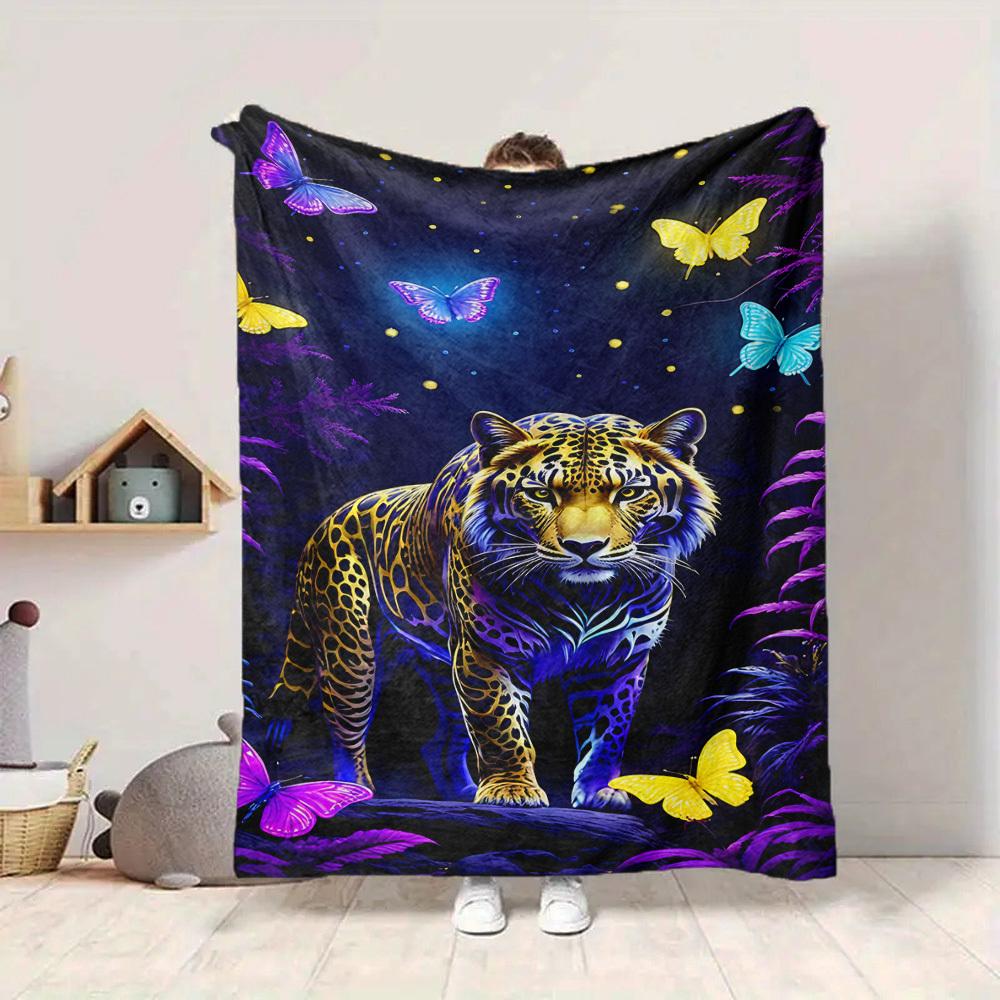 1pc Neon Jaguar Print Blanket - Lightweight Flannel Fleece with Digital Printing, Soft Warm for Sofa, Travel, Camping, Office Yy251018265