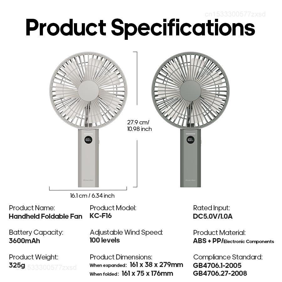 Portable Folding Handheld Fan 3600mAh Desktop Rechargeable Household Fan with LED Digital 100-speed Wind Angle Adjustable
