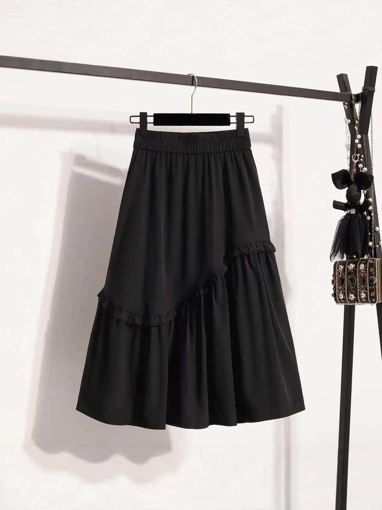 Plus Size Elegant A-line Fluffy Skirt - Spring/Summer Korean Style, Casual High-Waisted, Versatile Mid-Length Skirt