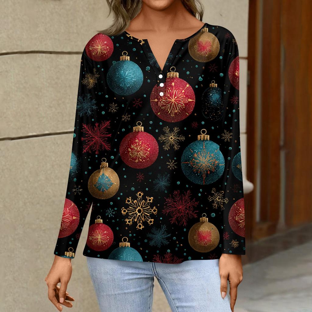 Women's Fashion Casual H Printed V-Neck Long Sleeve Decorative Button T-Shirt Tops