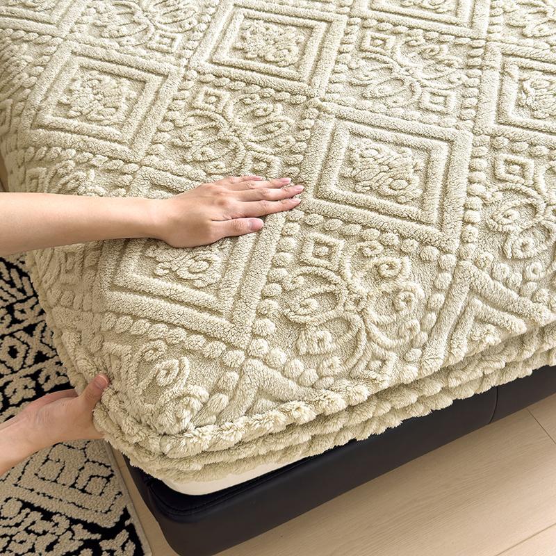 WOSTAR Winter Warm Coral Fleece Fitted Sheet Elastic Mattress Protector Cover Retro Style Bed Linens Luxury Double Bed King Size