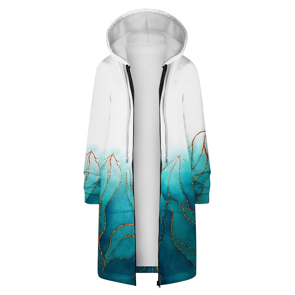 Módní dámské ležérní volný svetr s kapucí, střední délka kabát s dlouhým rukávem s potiskem