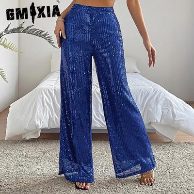 Damen High Waist Fashion Casual Pants Pailletten Loose Sag Wide Leg Pants Sommer Damen