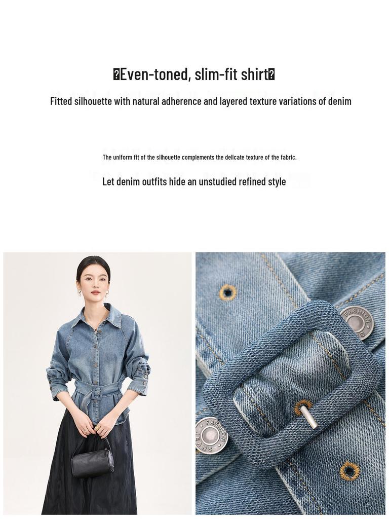 High-Quality Nanyou Retro Bleached Lace-Up Denim Shirt - Early Spring Long-Sleeved Top