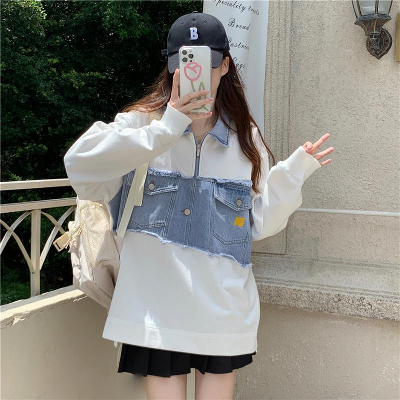 2022 Stylish European & American Street Style Loose Patchwork Denim Polo Hoodie - Women's Fake Two-Piece Top