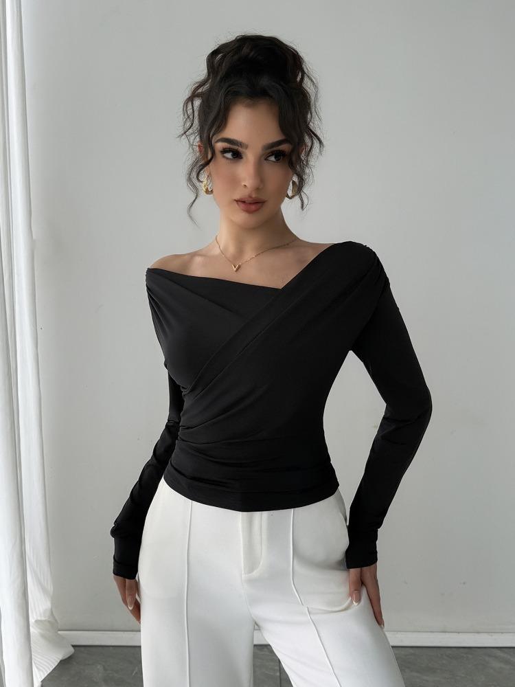 Spring Solid Off The Shoulder Off Shoulder Slim Long Sleeve Versatile Commute Top Fashion Daily Basic Office Lady Casual Slim Fit Ladies Elegant Top