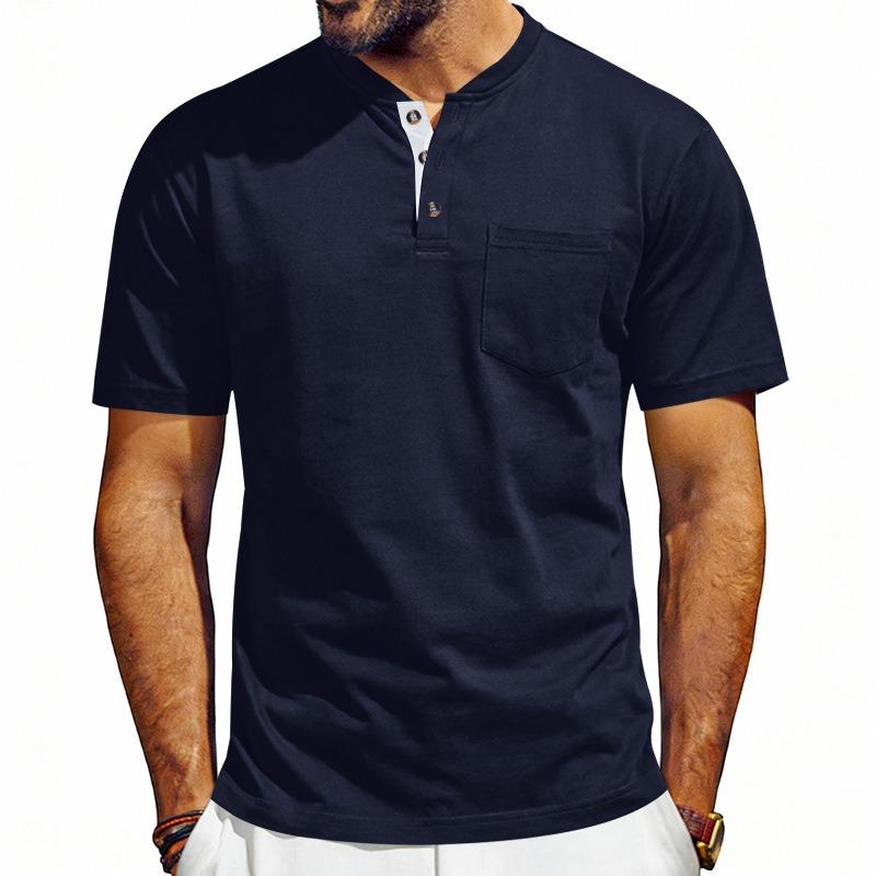 Men Henley Neck Short Sleeve T Shirt With Chest Pocket Casual Solid Color Tops