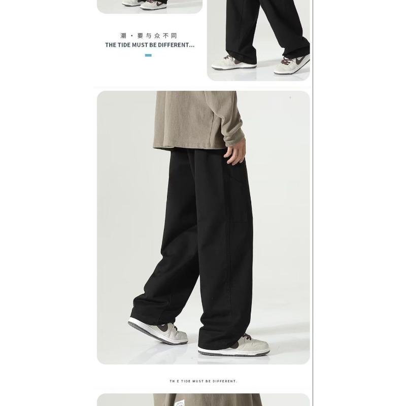 Calças Masculinas Casuais Streetwear Largas de Perna Reta Bolsos Laterais Cor Sólida Cáqui