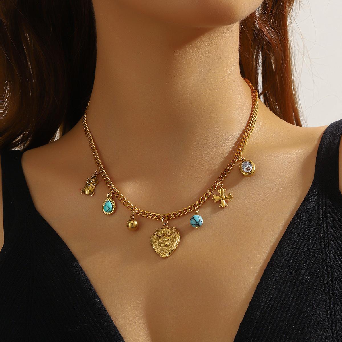 

Women Titanium Steel Lion Ladybug Cross Turquoise Pendant Necklace one size