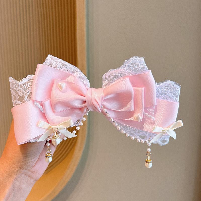 Girly Large Pink Bow Headpiece Pearl Lace KC Hairpin Princess Fashion Accessory Sweet Pearl Tassel Hair Clip Headwear