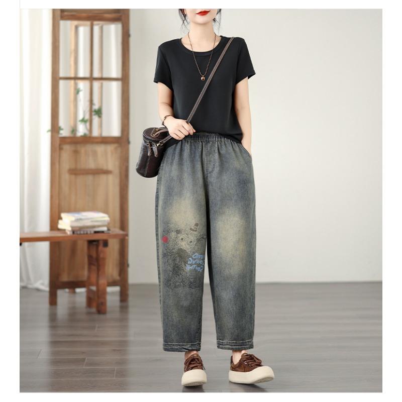 DIMANAF 2026 Été Nouveau Grande Taille Femmes Jeans Taille Élastique Imprimé Pantalon Long Lâche Décontracté Impression Denim Coton Pantalons Pantalon