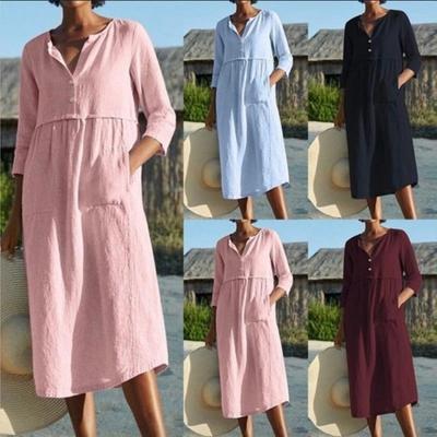 Rochie de vară casual din bumbac și in Stil exploziv Croială largă Nasturi pe o parte Mâneci normale Îmbrăcăminte pentru femei