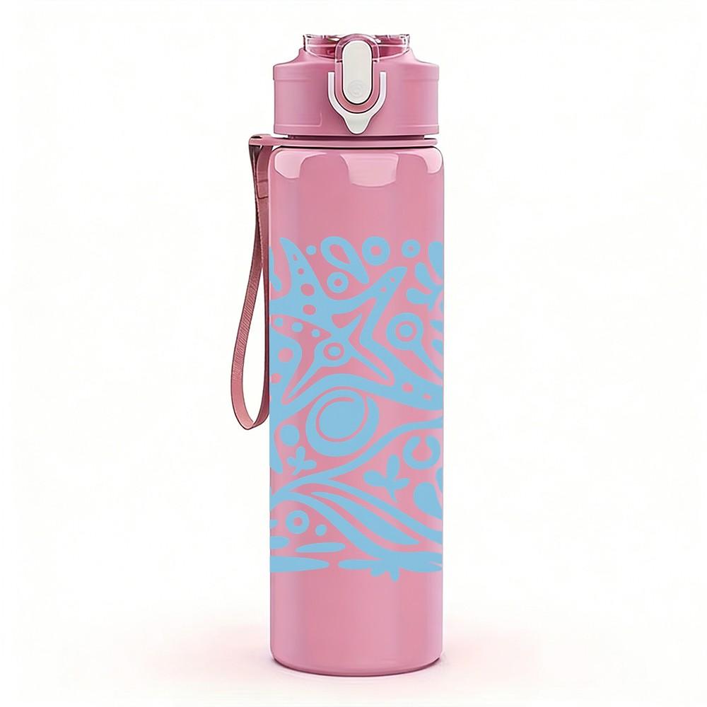1PC Blue Ethnic Wave Pattern 750ml Color Plastic Sports Water Bottle Leakproof Flip Straw Lid Suitable for Sports Office Home Use
