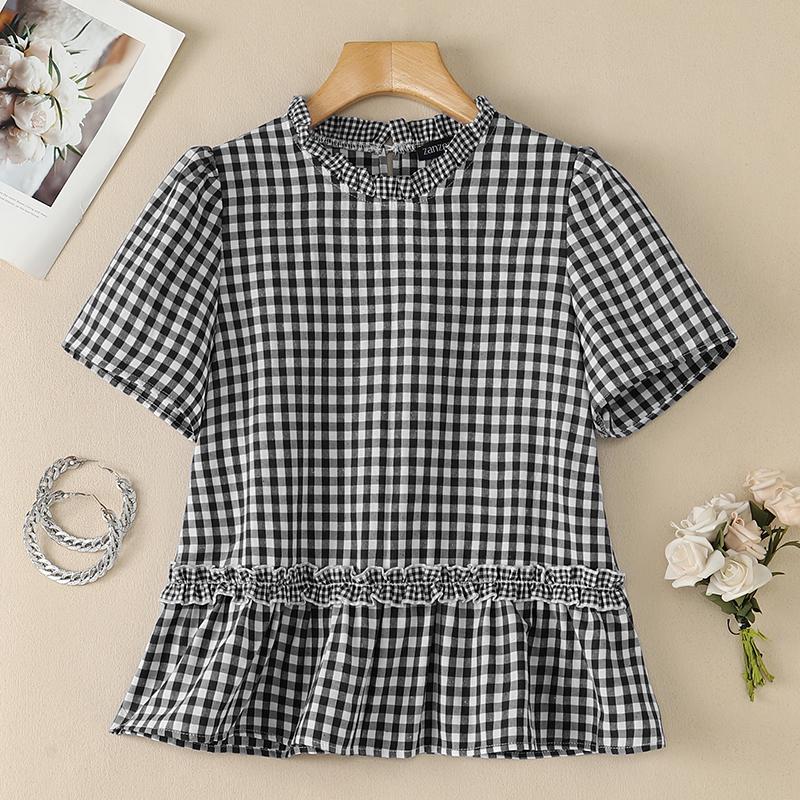 ZANZEA Women Casual Round Neck Plaid Print Loose Short Sleeve Blouse