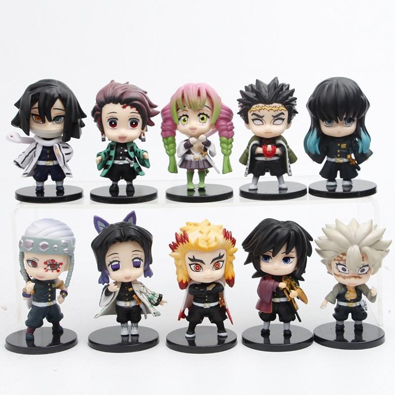 10pcs/set Anime Kamado Tanjirou Q Version Tomioka Giyuu Kyoujurou Sitting Model Muichirou Kanroji Figure Toy