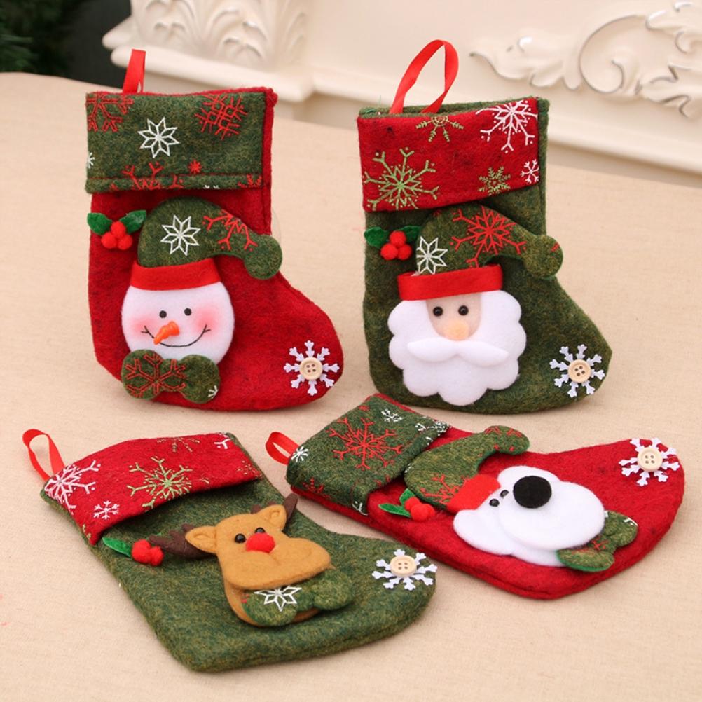 4PCS Christmas Stockings With Santa Snowman Deer Bear Candy Bag Flannel Christmas Socks For Christmas Decorations Gift