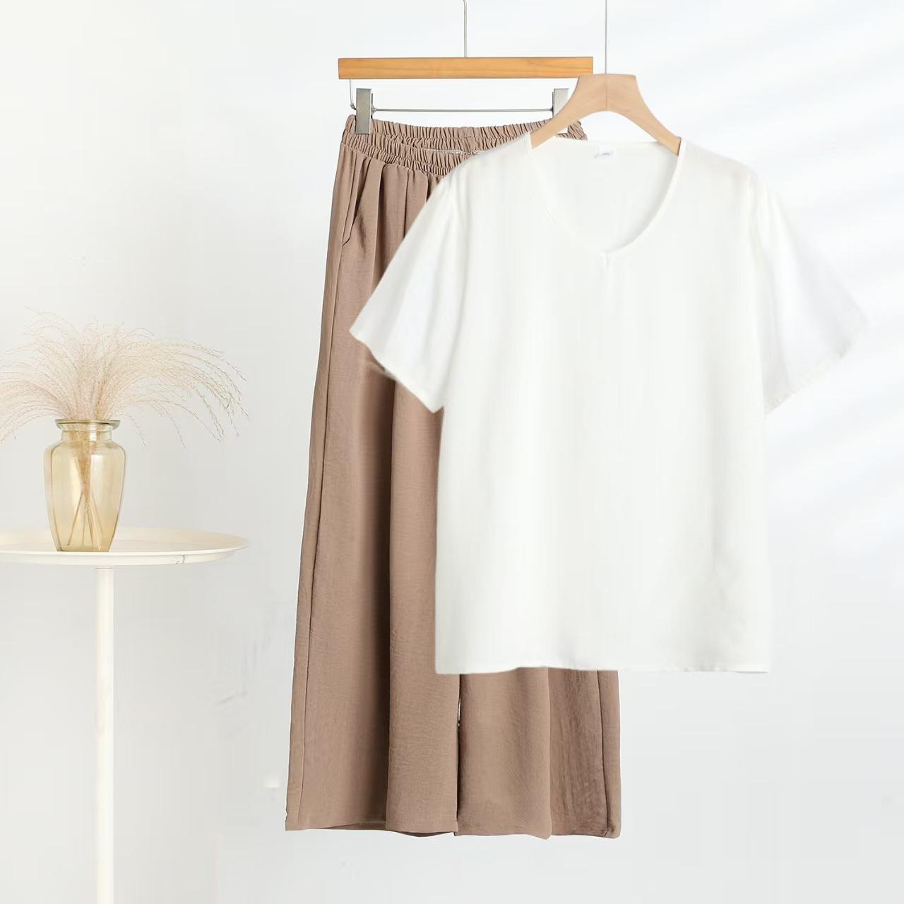 

Женский комплект с цветочным принтом из хлопка и вискозы, топ с коротким рукавом и льняные брюки 5XL