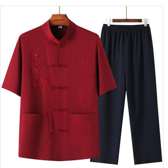 Men's Embroidered Short Sleeve Tang Suit - Loose Fit Dragon Set for Fathers and Seniors