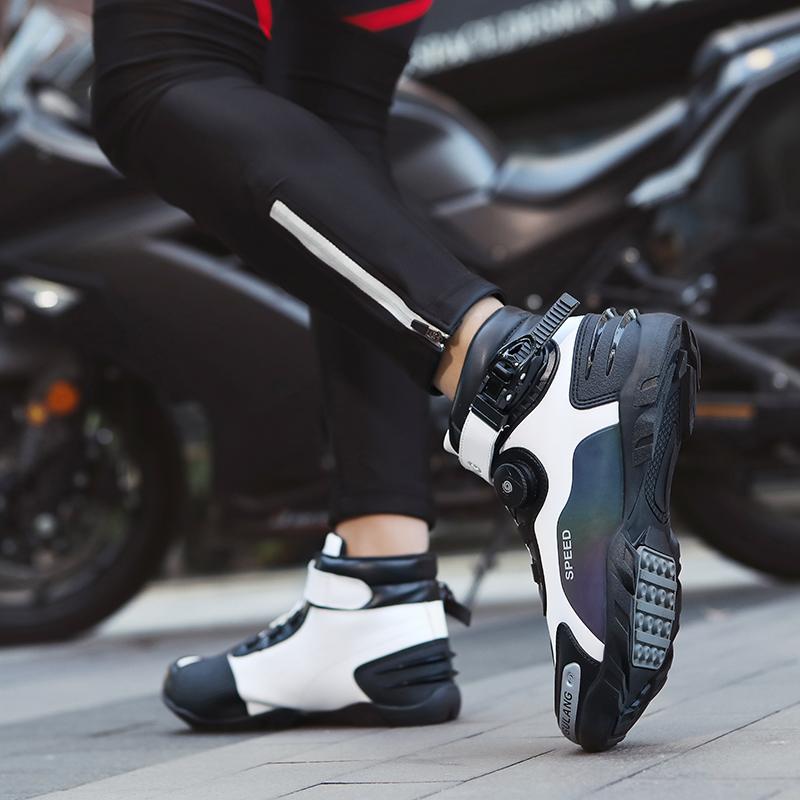 Unisex Leather Motorcycle Boots Large Size Rotation Button Anti Slip Anti Collision Riding Shoes