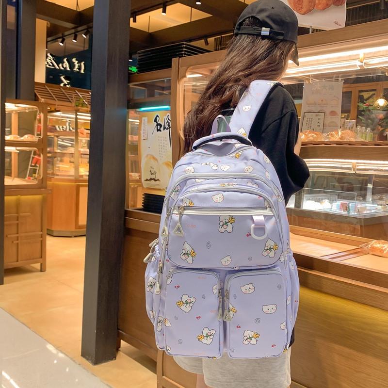 Cute Cartoon Teddy Bear Flower Pattern Nylon School Backpack With Breathable Cushion Straps For Middle School Girls